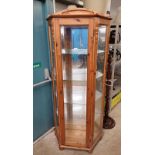 PINE DISPLAY CABINET WITH GLAZED PANEL SIDES & SINGLE GLAZED PANEL DOOR OPENING TO SHELVED INTERIOR,