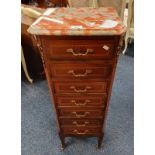 INLAID MAHOGANY CHEST OF DRAWERS WITH MARBLE TOP & 7 DRAWERS WITH BRASS ORMOLU HANDLES ON SHAPED