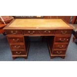 20TH CENTURY MAHOGANY TWIN PEDESTAL DESK WITH LEATHER INSET TOP & 9 DRAWERS.
