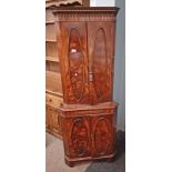 MAHOGANY CORNER CABINET WITH 2 PANEL DOORS OVER 2 PANEL DOORS