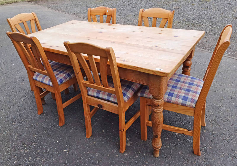 PINE RECTANGULAR KITCHEN TABLE ON TURNED SUPPORTS & SET OF 6 PINE CHAIRS.