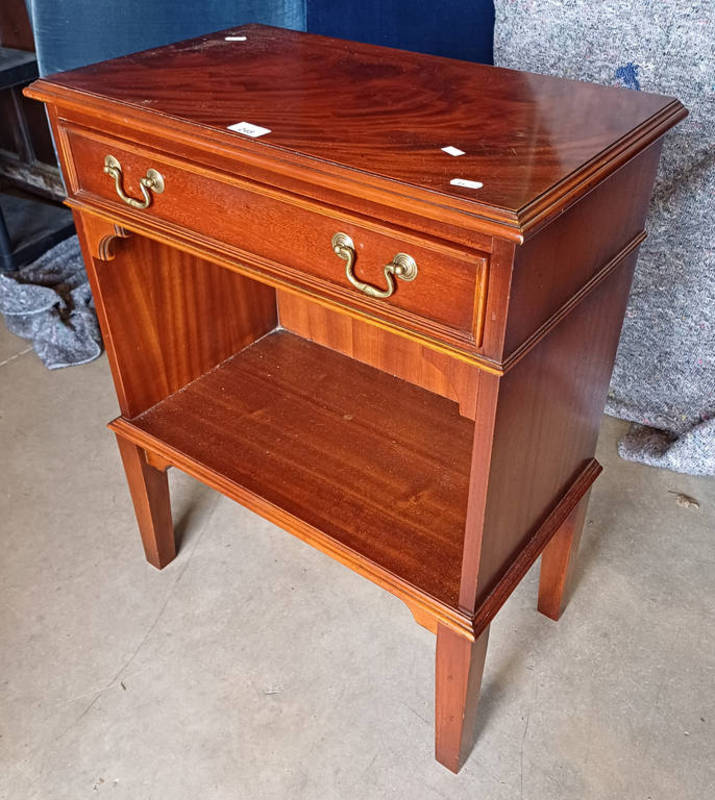 MAHOGANY SIDE TABLE WITH DRAWER OVER OPEN SHELF ON SQUARE TAPERED SUPPORTS.