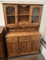 PINE DRESSER WITH SHELF BACK WITH 2 GLAZED PANEL DOORS & 2 DRAWERS OVER BASE WITH 3 DRAWERS OVER 3