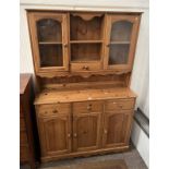 PINE DRESSER WITH SHELF BACK WITH 2 GLAZED PANEL DOORS & 2 DRAWERS OVER BASE WITH 3 DRAWERS OVER 3