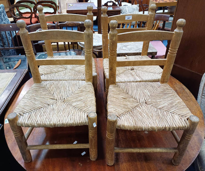 SET OF 4 PINE CHILD'S LADDER BACK CHAIRS WITH RUSHWORK SEATS ON TURNED SUPPORTS