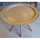 ORIENTAL CIRCULAR BRASS TRAY WITH ETCHED FLORAL & BIRD DECORATION ON FOLDING HARDWOOD STAND