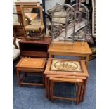 TEAK NEST OF 3 TABLE WITH TILE INSET TOPS,