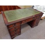 MAHOGANY TWIN PEDESTAL DESK WITH LEATHER INSET TOP, 3 FRIEZE DRAWERS OVER 2 STACKS OF 3 DRAWERS,