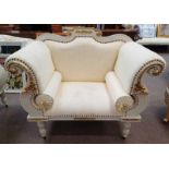 WHITE & GILT SCROLL ARM CHAIR WITH SHAPED BACK ON DECORATIVE REEDED SUPPORTS