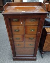 19TH CENTURY MAHOGANY COLLECTOR'S CABINET WITH GALLERY TOP OVER GLAZED PANEL DOOR OPENING TO