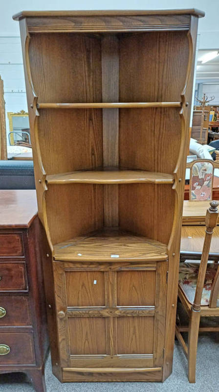 ERCOL ELM CORNER CABINET WITH OPEN SHELVES OVER SINGLE PANEL DOOR