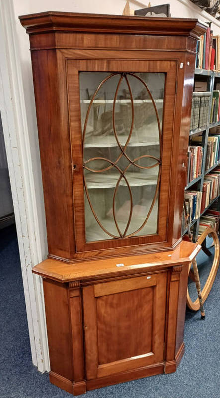 MAHOGANY CORNER CABINET WITH ASTRAGAL GLASS PANEL DOOR OVER BASE WITH PANEL DOOR