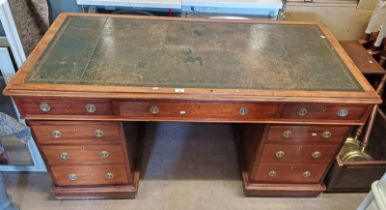 19TH CENTURY MAHOGANY TWIN PEDESTAL DESK WITH LEATHER INSET TOP & 3 FRIEZE DRAWERS OVER 2 STACKS OF