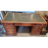 19TH CENTURY MAHOGANY TWIN PEDESTAL DESK WITH LEATHER INSET TOP & 3 FRIEZE DRAWERS OVER 2 STACKS OF