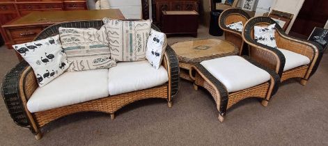 WICKER 3 PIECE LIVINGROOM SUITE WITH MATCHING STOOL & COFFEE TABLE - 5 PIECES