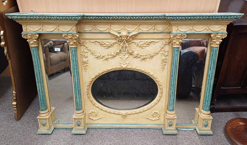 OVERMANTLE MIRROR WITH PAINTED FRAMED WITH CHERUB & CORINTHIAN COLUMN DECORATION