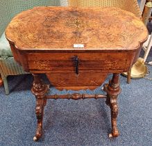 19TH CENTURY INLAID BURR WALNUT SEWING TABLE WITH FLIP-UP TOP & SHAPED SUPPORTS WITH CARVED