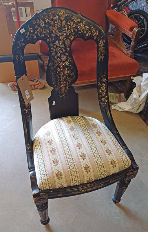 19TH CENTURY EBONISED HAND CHAIR WITH MOTHER OF PEARL & GILT DECORATION ON TURNED SUPPORTS