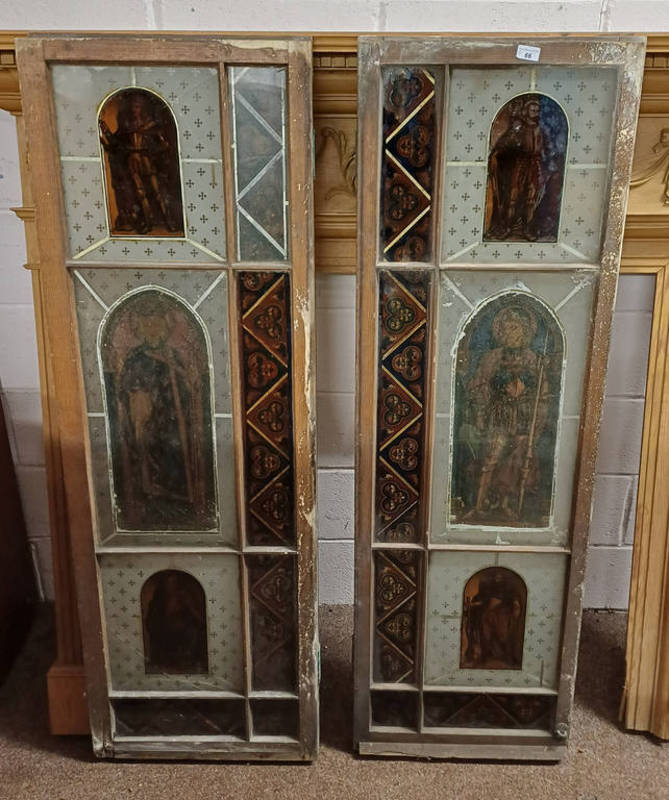 PAIR OF OAK FRAMED GLAZED PANEL DOORS WITH CLASSICAL SCENE FROSTED & STAINED GLASS PANELS,