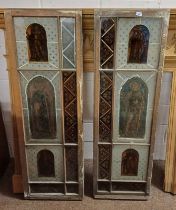PAIR OF OAK FRAMED GLAZED PANEL DOORS WITH CLASSICAL SCENE FROSTED & STAINED GLASS PANELS,