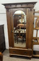 19TH CENTURY OAK SINGLE MIRROR DOOR WARDROBE WITH DRAWER TO BASE.