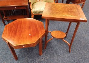 INLAID WALNUT LAMP TABLE ON SPLAYED SUPPORTS & INLAID WALNUT OCTAGONAL TABLE