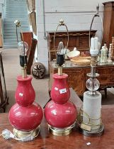 PAIR OF RED PORCELAIN TABLE LAMPS AND ONE OTHER GLASS TABLE LAMP