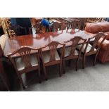 MAHOGANY TWIN PEDESTAL DINING TABLE WITH EXTRA LEAF & SET OF 8 DINING CHAIRS ON SQUARE TAPERED