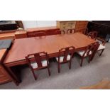 HARDWOOD EXTENDING DINING TABLE WITH 2 EXTRA LEAVES ON SQUARE TAPERED SUPPORTS & SET OF 8 MATCHING
