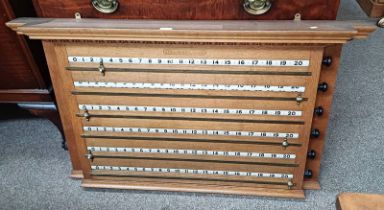 20TH CENTURY OAK SNOOKER SCORE BOARD WITH PAINTED ROTATING NUMERALS BY COX & YEMAN,