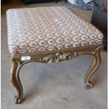 19TH CENTURY GILT STOOL WITH DECORATIVE TAPESTRY TOP ON CABRIOLE SUPPORTS.