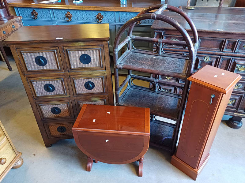 HARDWOOD CHEST OF 8 DRAWERS, SMALL DROP LEAF TABLE, BAMBOO WHAT-NOT ETC.