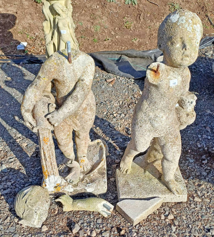 PAIR OF RECONSTITUTED STONE CHERUBS ON SQUARE BASES - AF.