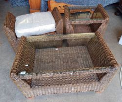 WICKER STOOL & 2 WICKER COFFEE TABLES WITH GLASS INSET TOPS