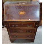LATE 19TH CENTURY INLAID MAHOGANY BUREAU WITH FALL FRONT OVER 3 DRAWERS - AF 91 CM TALL X 60 CM