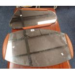 2 SHAPED BEVELLED EDGE MIRRORS WITH TEAK DECORATION Condition Report: Both mirrors