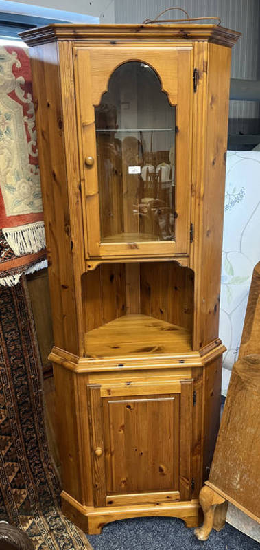 DUCAL PINE CORNER CABINET WITH SINGLE GLAZED PANEL DOOR OVER BASE WITH PANEL DOOR - 188 CM TALL