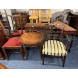 INLAID MAHOGANY HALL TABLE WITH 2 DRAWERS, MAHOGANY OPEN ARMCHAIR,