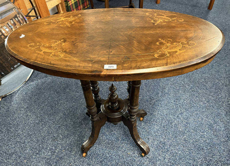 19TH CENTURY INLAID WALNUT OVAL TOPPED TABLE ON QUAD PEDESTAL WITH 4 SPREADING SUPPORTS