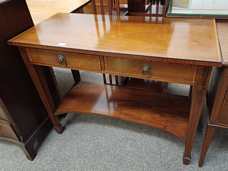 LATE 19TH CENTURY INLAID MAHOGANY SIDE TABLE WITH 2 DRAWERS WITH BRASS LION MASK HANDLES ON SQUARE