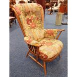 ERCOL ELM SPINDLE BACK ARMCHAIR WITH BUTTONED CUSHIONS Condition Report: The frame