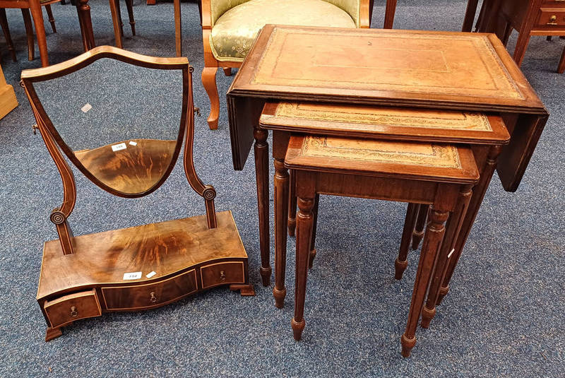 INLAID MAHOGANY DRESSING TABLE MIRROR WITH 3 DRAWERS TO BASE & NEST OF 3 TABLES WITH LEATHER INSET