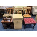 SET OF 3 SPINDLE BACK KITCHEN CHAIRS, BUTTONED TOP STOOL ON QUEEN ANNE SUPPORTS, BEDSIDE CABINET,