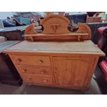 19TH CENTURY PINE DRESSER WITH SHAPED BACK, 3 DRAWERS & SINGLE PANEL DOOR,