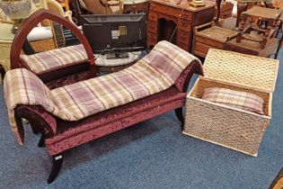 OVERSTUFFED STOOL ON SHAPED SUPPORTS & WICKER BOX WITH CONTENTS OF VARIOUS CUSHIONS