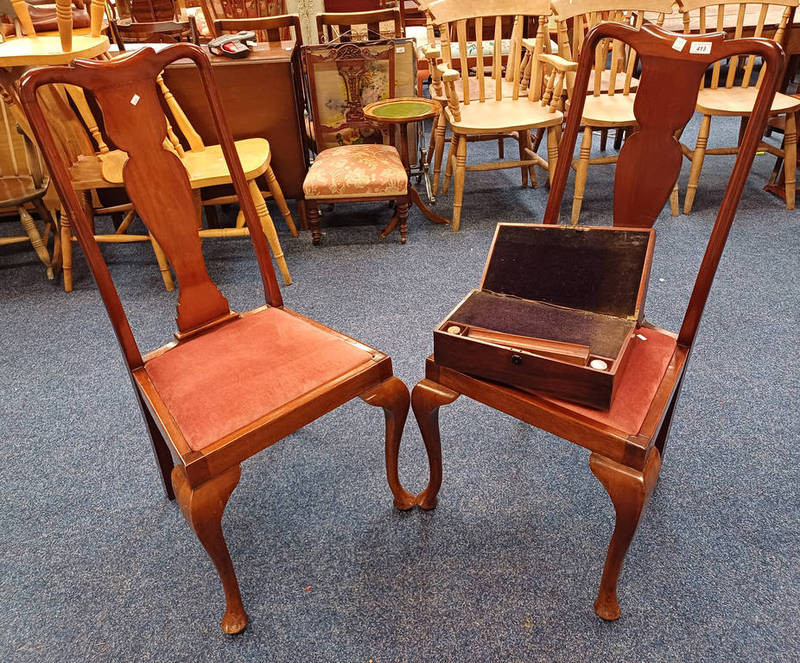 PAIR OF MAHOGANY CHAIRS ON QUEEN ANNE SUPPORTS & MAHOGANY WRITING SLOPE