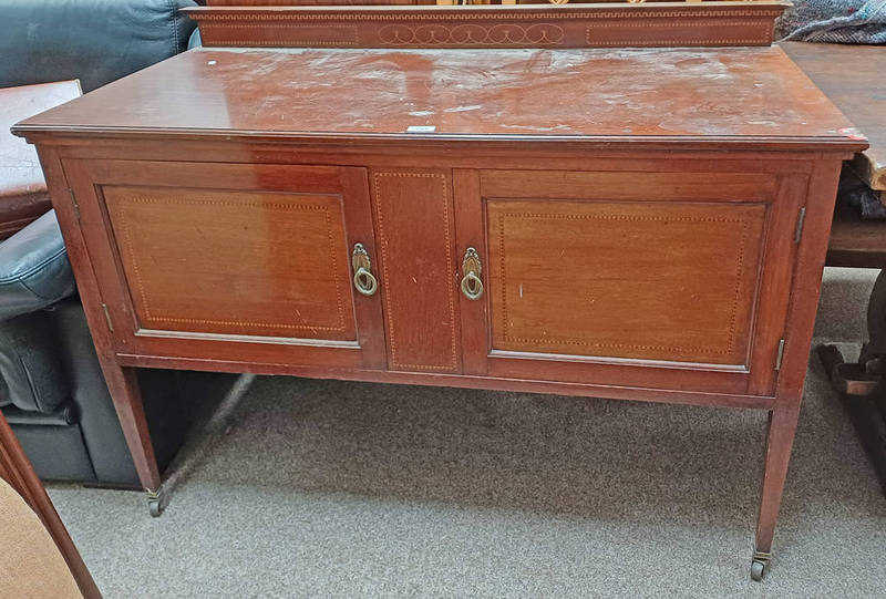 INLAID MAHOGANY WASH STAND WITH RAIL BACK & 2 PANEL DOORS ON SQUARE TAPERED SUPPORTS.