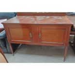 INLAID MAHOGANY WASH STAND WITH RAIL BACK & 2 PANEL DOORS ON SQUARE TAPERED SUPPORTS.