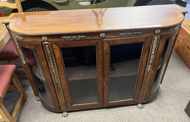 CROSSBANDED WALNUT CREDENZA WITH BRASS ORMOLU MOUNTS & 4 GLAZED PANEL DOORS OPENING TO SHELVED