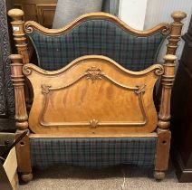 19TH CENTURY MAHOGANY SINGLE BEDFRAME WITH TARTAN PADDED HEAD & FOOTBOARD,